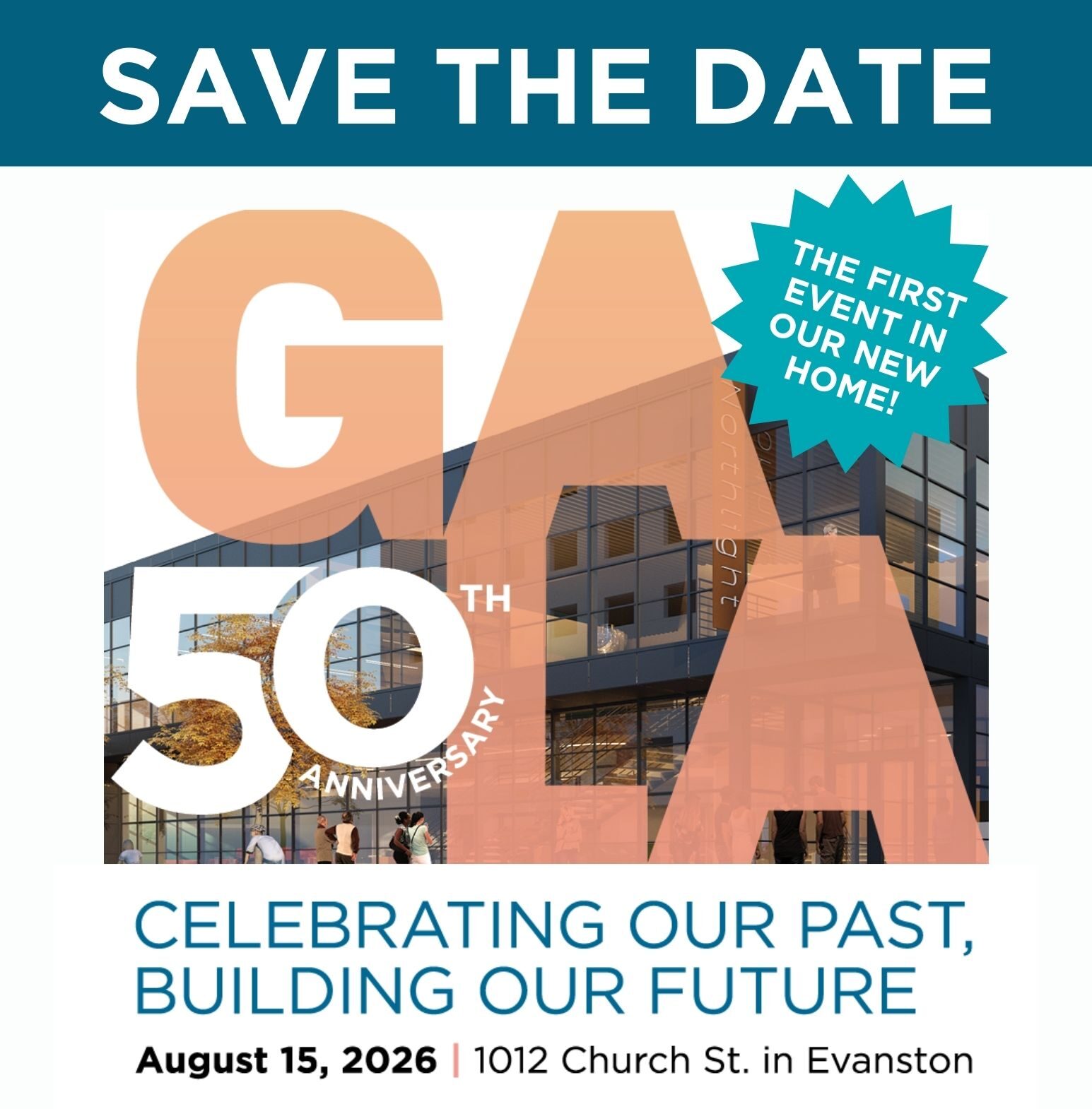 Gala save the date invitation that reads "Celebrating our Future" on August 15, 2026