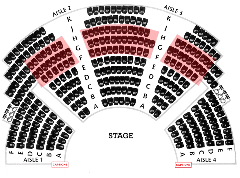 Seating chart with highlighted areas for open cations