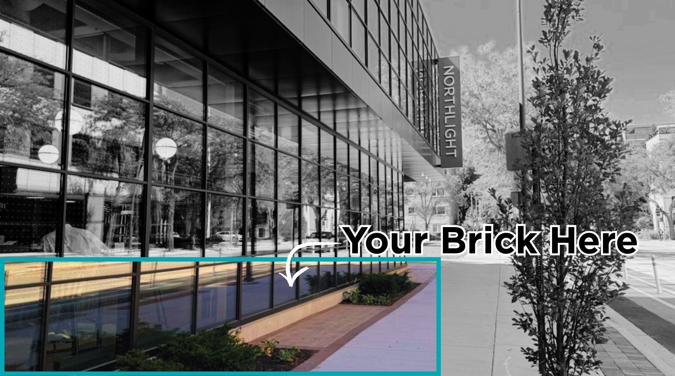 An exterior shot of the theatre with the brick paver area highlighted. An arrow points to the pavers with text that reads "Your Bricks Here!"