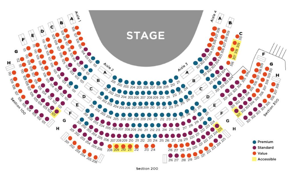 This image is a seating map of Northlight Theatre. For further assistance, including descriptions of pricing zones and accessibility features of seats, please contact the box office at 847.563.8400.