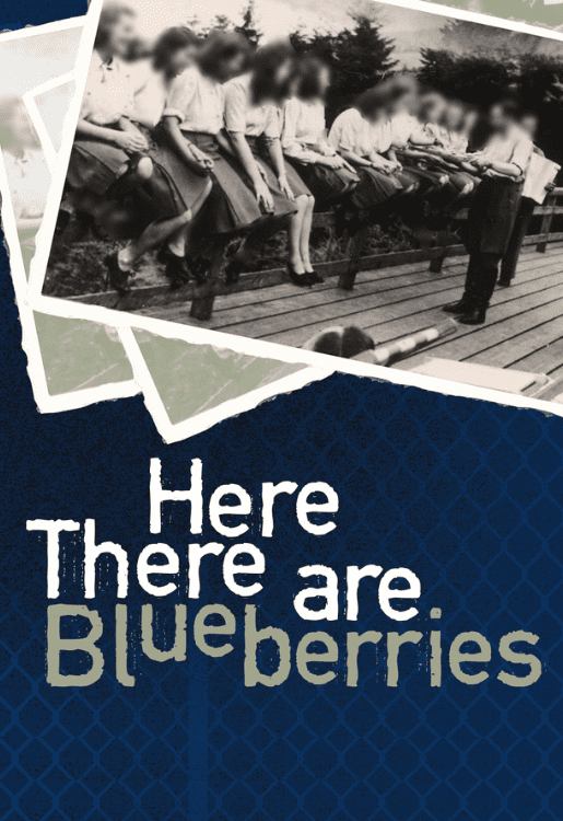 Several black and white photographs are stacked on top of each other. Behind them is a translucent image of a chainlink fence over a dark blue background. White text reads "here there are blueberries"