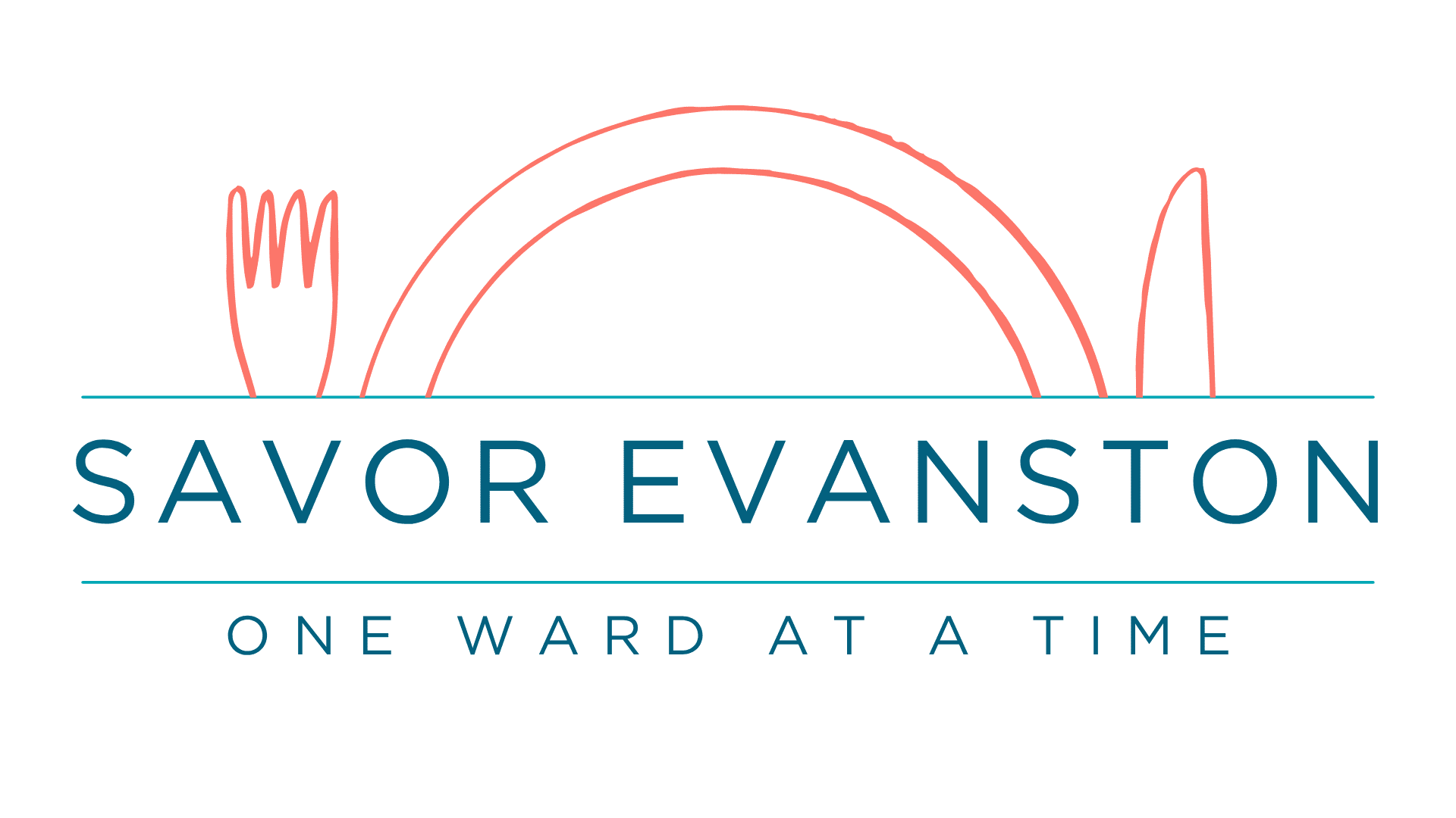 a drawn fork, knife, and plate above text that reads "Savor Evanston" in blue text. A subheading reads "One Ward at a Time"