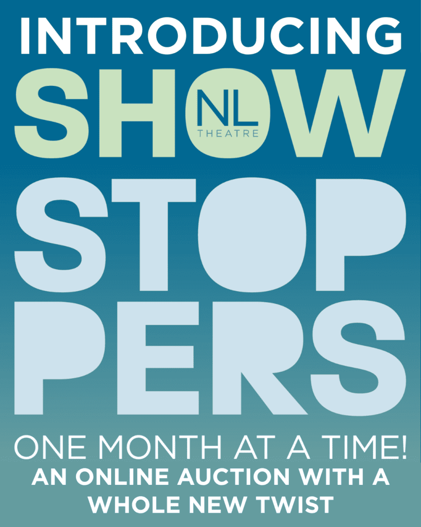light text on a blue background reads "Introducing Show Stoppers: One Month at a Time. An online auction with a whole new twist"